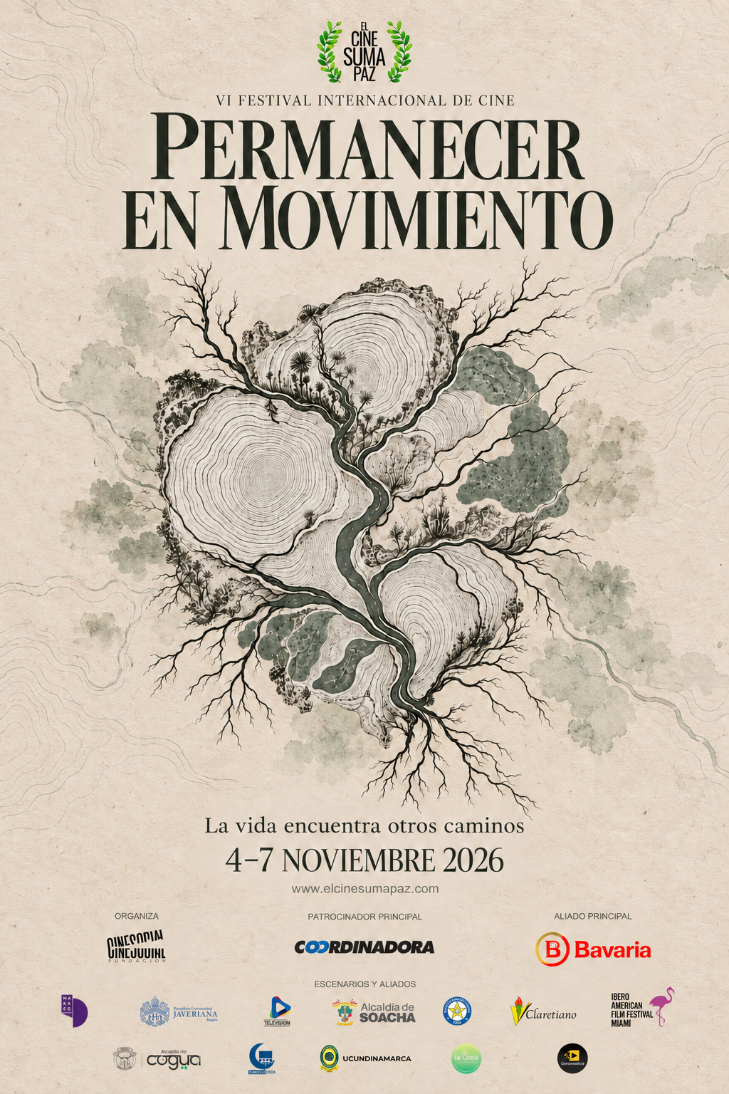 Afiche de Permanecer en movimiento, sexta edición, 2026: cauces, raíces y anillos de crecimiento